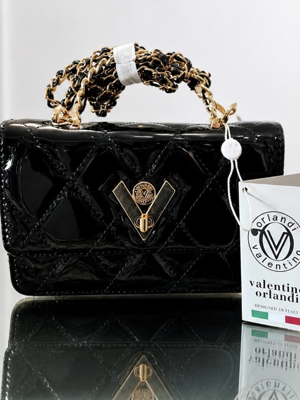 Valentino Orlandi Black Quilted Patent Leather Crossbody Bag Gold Chain Designer